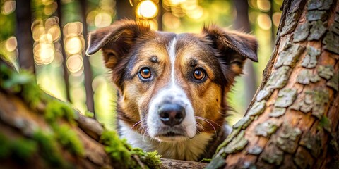A curious canine peeks through a woodland tapestry, its alert eyes reflecting the golden hues of the sun-dappled forest.
