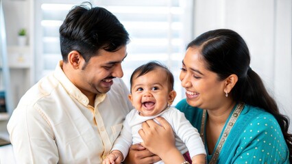 An Indian baby laughing joyfully while being cuddled by family members.
