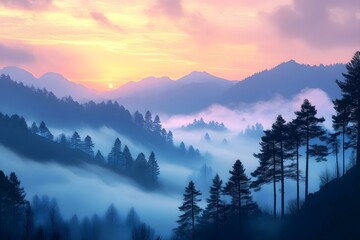 Obraz premium Serene Mountain Landscape at Dawn with Mist and Pink Sky