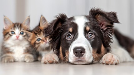 Obraz premium Cute Border Collie Puppy with Kittens in the Background Adorable Pet Photography