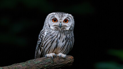 Fototapeta premium Majestic Owl with Bright Orange Eyes Perched on Tree Branch