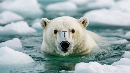 Naklejka premium A close-up of a polar bear swimming in icy waters, surrounded by floating ice, showcasing its striking white fur and serene expression.