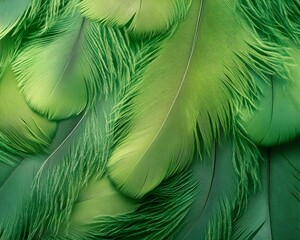 Close-up of vibrant green feathers showcasing intricate textures and patterns.