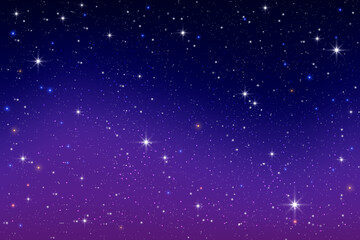 Purple night sky background with stars. Universe vector gradient landscape with blue and pink light. Abstract sunset with sparkles and cosmic constellations. Realistic astrology backdrop