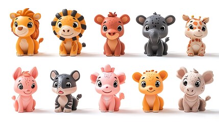 Fototapeta premium Cute Cartoon Animal Set Lion Giraffe Elephant Rhino Zebra Pig D Render