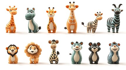Cute Cartoon Safari Animal Figures   Giraffe  Zebra  Lion  Hippo  Bear  D Rendering