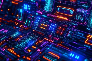 Fototapeta premium Futuristic Circuit Board with Vibrant Neon Lights