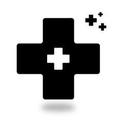 A flat design black and white icon symbolizing First Aid on White Background