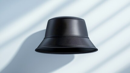 Top-down view of a floating black bucket hat, defying gravity against a pure white background, smooth fabric texture, minimalist design with sharp shadows