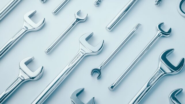 A flat layout of essential tools, including screwdrivers and wrenches, symmetrically placed on a white surface, minimal shadows for a clean look