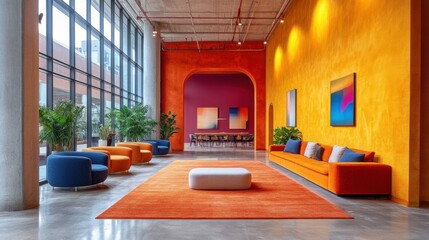 Modern lounge with vibrant colors and comfortable seating.