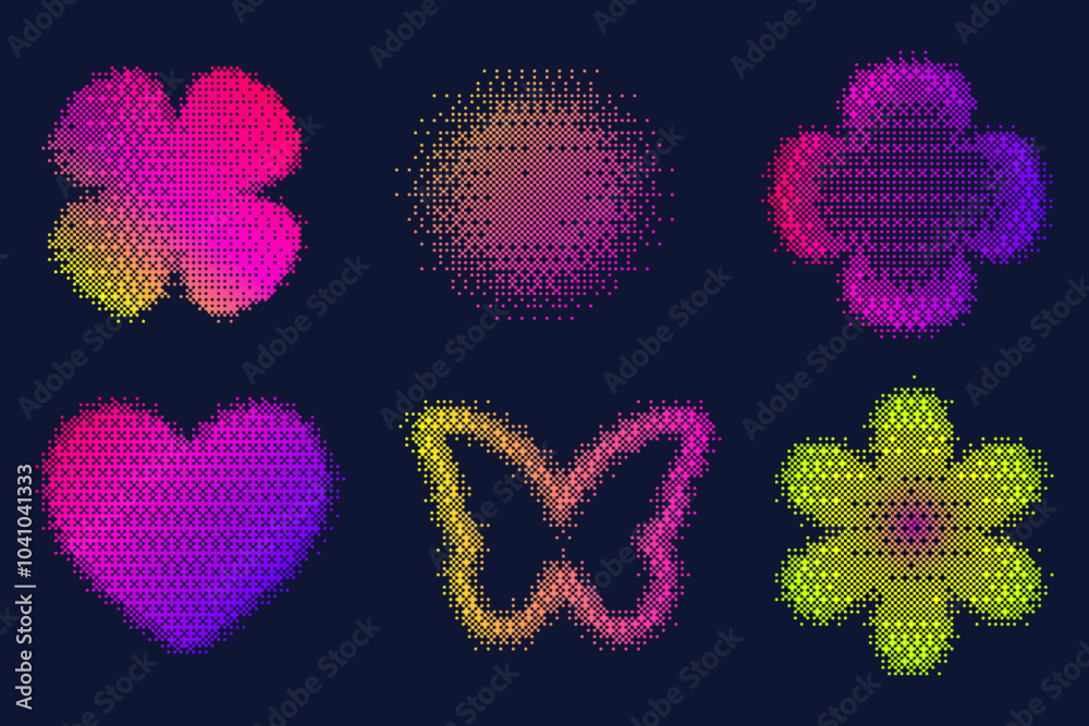 Poster pixel pattern shapes. textured heart flower and star with bitmap y2k dither gradient. retro vector b