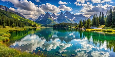 Fototapeta premium Serene Mountain Lake with Crystal Clear Water and Lush Greenery Reflecting the Sky and Clouds