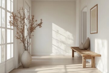 Scandinavian farmhouse hallway interior, blank wall mockup, 3d render, Generative AI