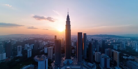 Naklejka premium Kuala Lumpur Skyline Sunset Aerial View Cityscape Skyscrapers Golden Hour