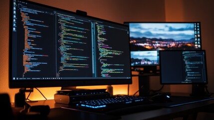 Naklejka premium Coding Workspace with Multiple Monitors