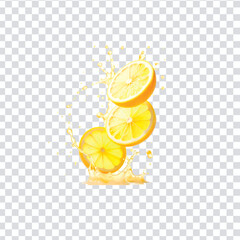 multiple lemon slices splash on a transparent background