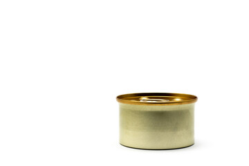 Can of food is sitting on a white background