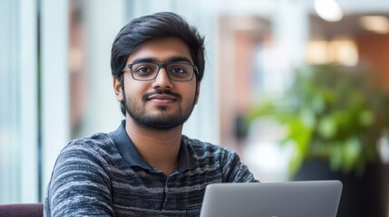 portrait of an Indian software engineer or web developer working on laptop in modern office looking at camera, tech worker