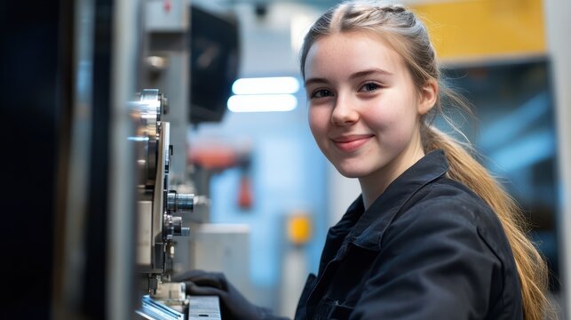 Portrait Of Female Apprentice Engineer Operating CNC Machine In Factory