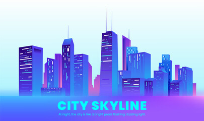 Fototapeta premium Hand painted blue purple city skyline illustrations with many city buildings