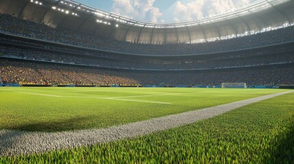 Professional football match being played in a large stadium filled with fans, focus on the soccer field grass