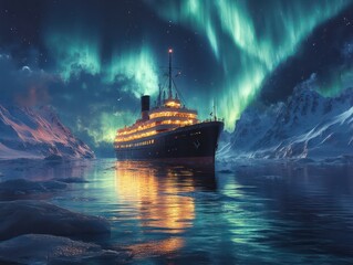 Fototapeta premium Northern lights cruises through icy waters, perfect for adventurers seeking an unforgettable night sky
