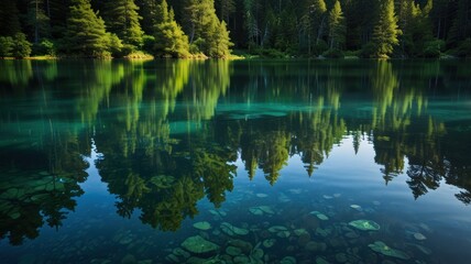 A serene lake nestled amidst a breathtaking mountain landscape. Crystal-clear water reflects the towering peaks, lush green forests, and fluffy white clouds above.
