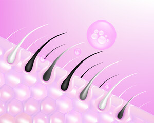 Hyaluronic acid and Niacinamide gray hair and skin solutions ad, pink collagen serum drops into skin cell with cosmetic advertising background ready to use, illustration vector.