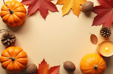 Fototapeta premium Autumn background for inscription, maple leaf, pumpkin, cones