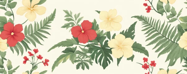 Selbstklebende Fototapeten Tropical Floral Pattern with Red and Yellow Flowers Lush Green Leaves and Fern © patungkead