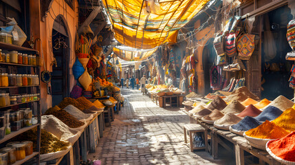 A busy market street in Marrakech complete with vibrant spices and textiles