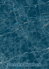 Map of Gelsenkirchen, Germany, rendered in a minimalist style. The map features a dark blue background with white lines representing streets, roads, and waterways.