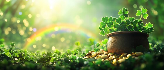 Pot of clovers with coins, green nature background