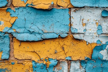 Weathered Brick Wall with Peeling Blue, Yellow, and White Paint