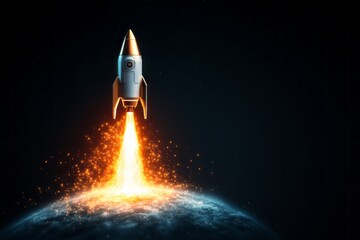 Naklejka premium Rocket launching into space, fiery exhaust against a dark background.