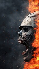 Screaming skull with flames, dark background, haunting and dramatic imagery.