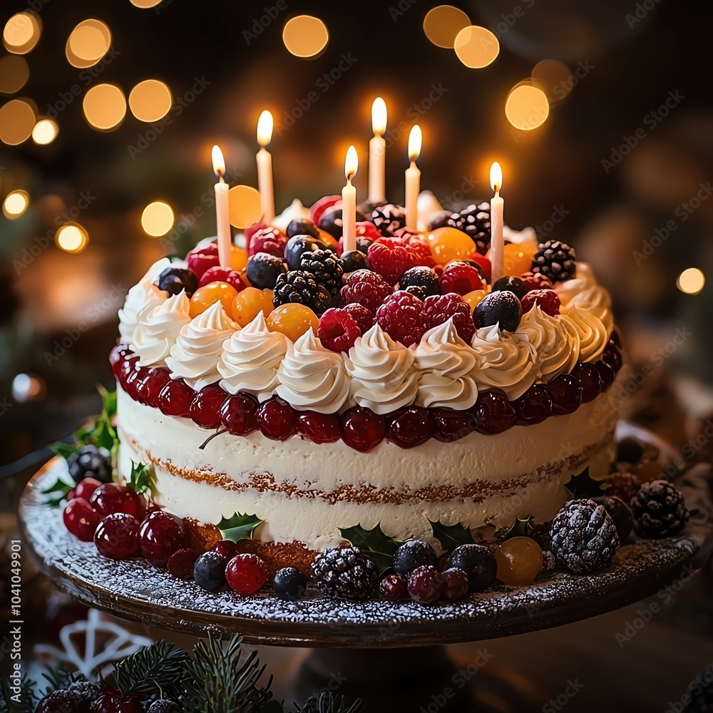 Wall mural festive cake with candles and berries