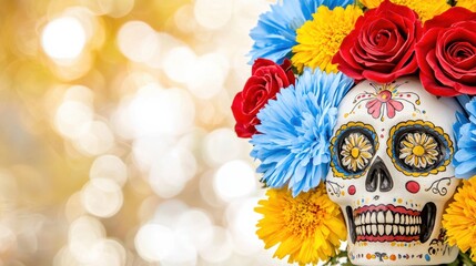 Vibrant Dia de los Muertos Skull Decorated with Colorful Flowers
