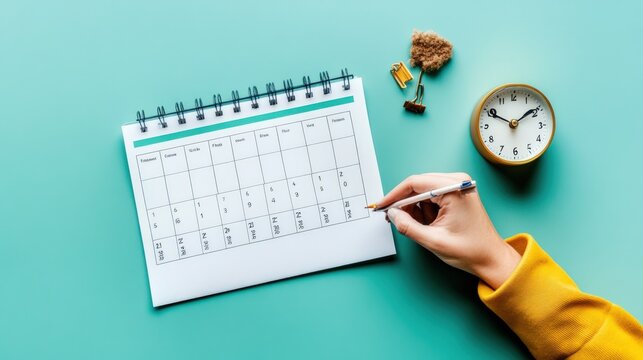 Hand writing on a calendar with a pencil, a clock, and a paperclip on a mint green background.