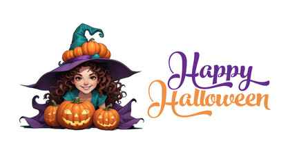 Happy Halloween Banner Vector Design. Little cute girl in a witch costume with pumpkins.  Halloween design.