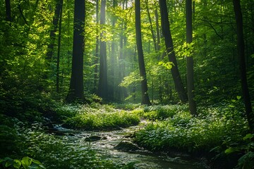 Obraz premium The forest is dense and lush with life. The sun shines through the thick canopy of trees. Glowing patches of wildflowers on the forest floor, a small stream flowing by.