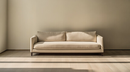 A modern, minimalist living room with a beige sofa bathed in natural light during the day