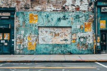 Fototapeta premium A weathered brick wall with peeling paint, graffiti, and old posters