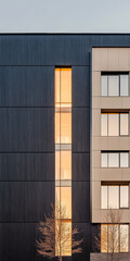 Modern building facade with warm lighting in urban setting during sunset hours