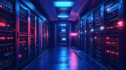 Fototapeta premium Futuristic data center with neon pink and blue lights