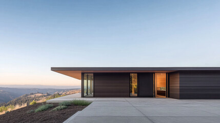 Fototapeta premium Modern hillside house with expansive views at sunrise in a serene landscape