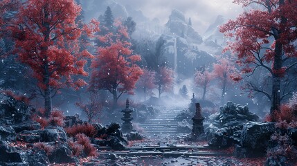 Snowy Mountain Path with Red Leaves - Winter Wonderland Landscape