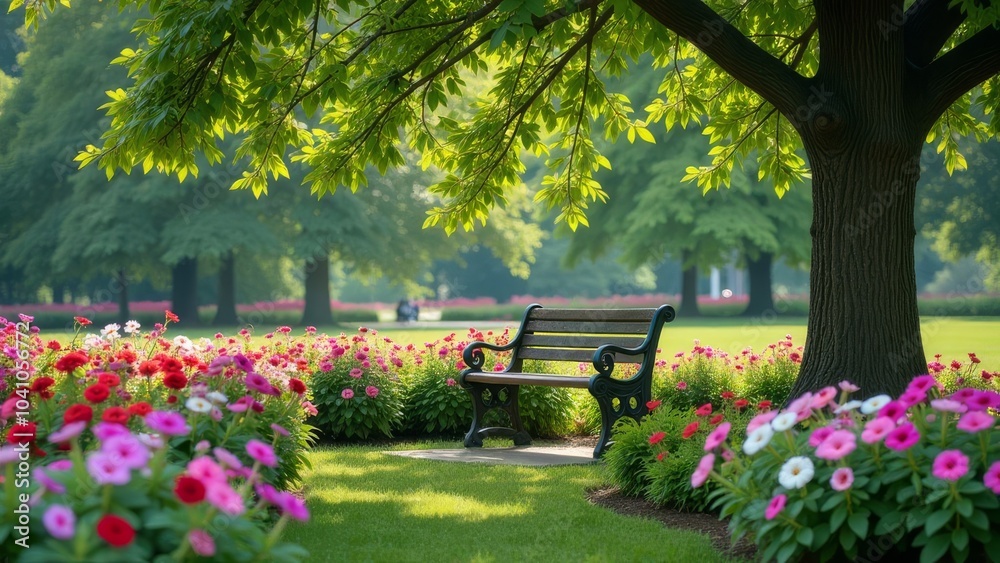 Poster a park with a bench under a tree and flowers in the background