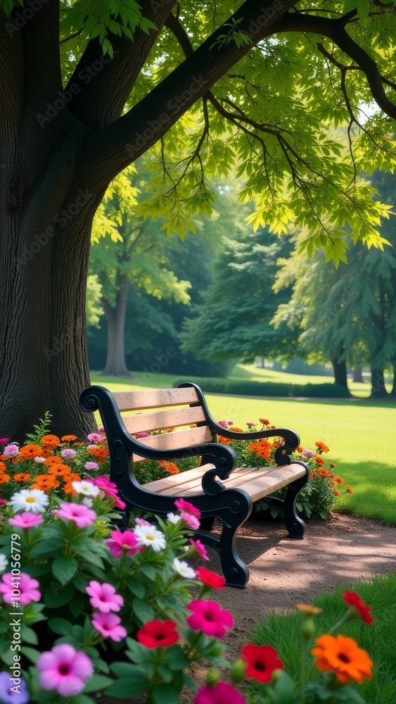 Poster a park with a bench under a tree and flowers in the background